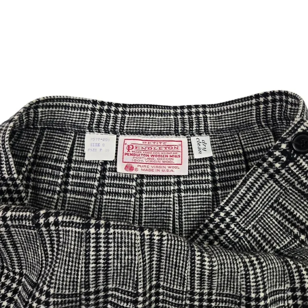 Vintage Pendleton Plaid Pleated Skirt Size 8P Petite 100% Wool Midi Black White